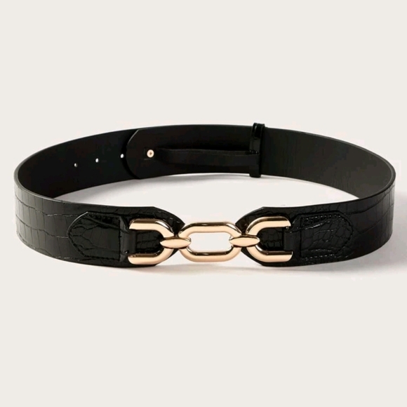 Womens Black Vegan leather elegant corset chunky Gold link boho wide waist belt - Picture 3 of 14